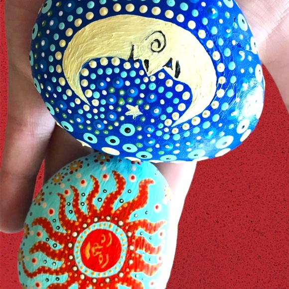 Other - Hand-painted Patio Mandala Rocks • Set of 2 • Moon & Sun